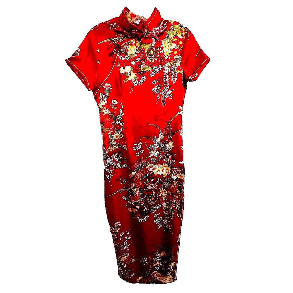 Asian Chinese Red Floral Dress S ? M? Mandarin Collar Short Slvs. Long Slits NWT